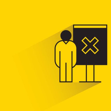 man standing wrong mark on white board icon on yellow background