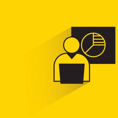 people working on laptop with pie chart yellow background