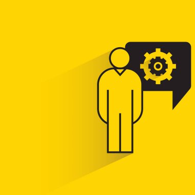people with gear in speech bubble yellow background
