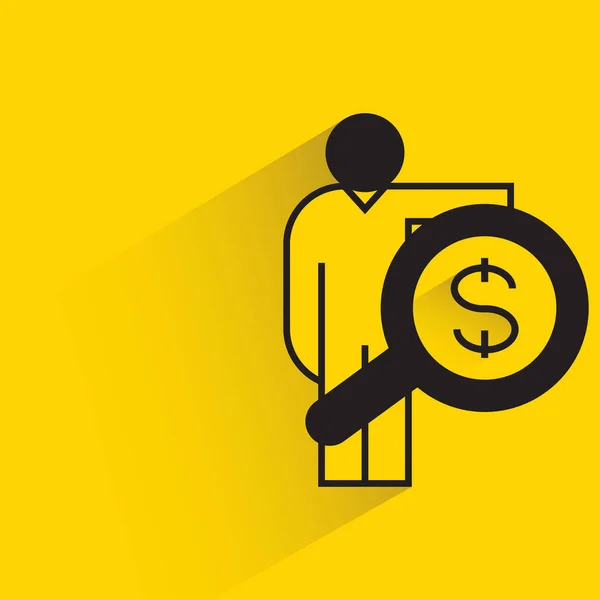 Hombre Sosteniendo Lupa Con Icono Dinero Sobre Fondo Amarillo — Vector de stock