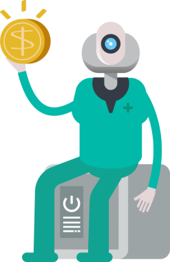 İnsansı Doktor Karakteri Güvenli ve Doları Tutan Para Üzerine Oturuyor