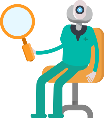 İnsansı Doktor Karakteri Oturan ve Tutan Büyüteç