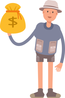 Turist Karakteri Dolar Çuvalı Tutuyor