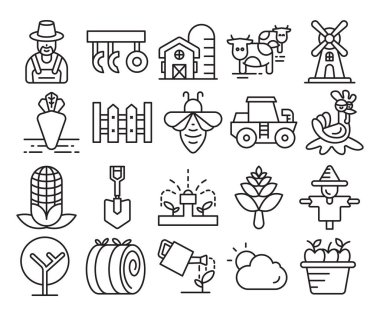 Çiftçilik ve tarım çizgisi simgeleri vektör illüstrasyonunu belirledi