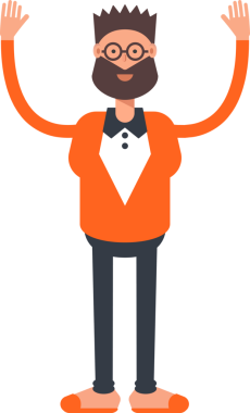 Turuncu takım elbiseli sakallı adam ellerini kaldırıyor.