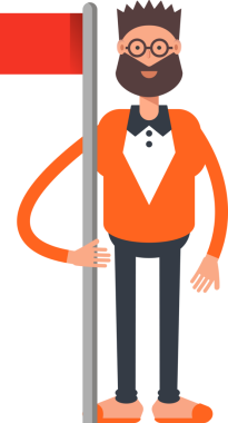 Turuncu Takım Elbiseli Sakallı Adam Bayrak Direğini Tutuyor