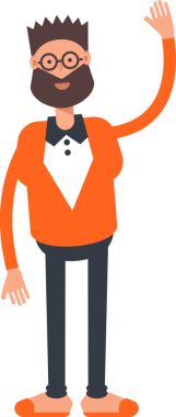 Turuncu Takım Elbiseli Sakallı Adam El Resmini Kaldırıyor