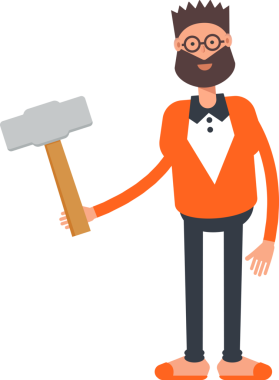 Turuncu elbiseli sakallı adam Sledge Hammer 'ı tutuyor.