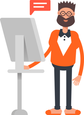 Turuncu Takım Elbiseli Sakallı Adam Bilgisayar üzerinde çalışıyor