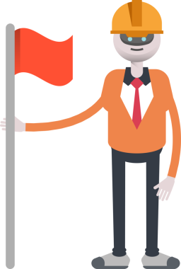 İnsanımsı Robot Mühendis Karakteri Bayrak Direği ile Duruyor