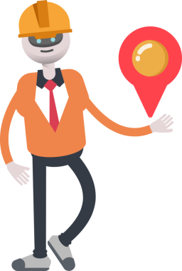 İnsansı Robot Mühendis Karakteri Harita İğnesi Tutuyor