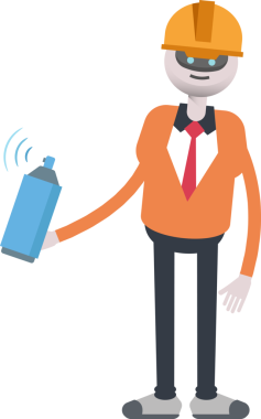 İnsansı Robot Mühendis Karakteri Boya püskürtme tüpü kullanıyor