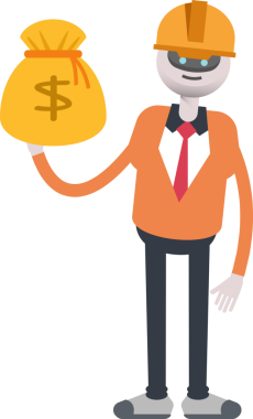 İnsansı Robot Mühendis Karakteri Dolar Çuvalı Tutuyor