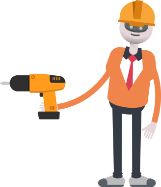 İnsansı Robot Mühendis Karakteri Matkap Çizimi Kullanıyor