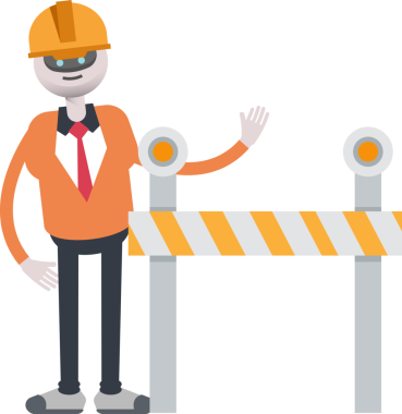 İnsansı Robot Mühendis Karakteri Yol Bariyeri Resimleriyle Duruyor