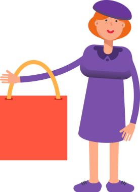 Violet Elbiseli Kız Alışveriş Çantası Tutan Karakter