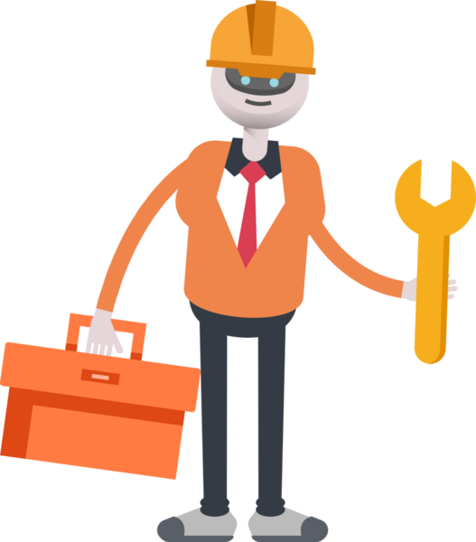 İnsansı Robot Mühendis Karakteri Araç Kutusu ve Anahtarı Tutuyor