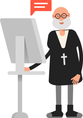 Bilgisayar üzerinde çalışan Eski Rahip Karakteri