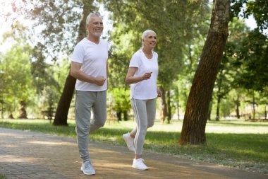 Yaşlı çift, temiz havanın tadını çıkarırken birlikte barış içinde koşuyorlar. Web sitesi afişi