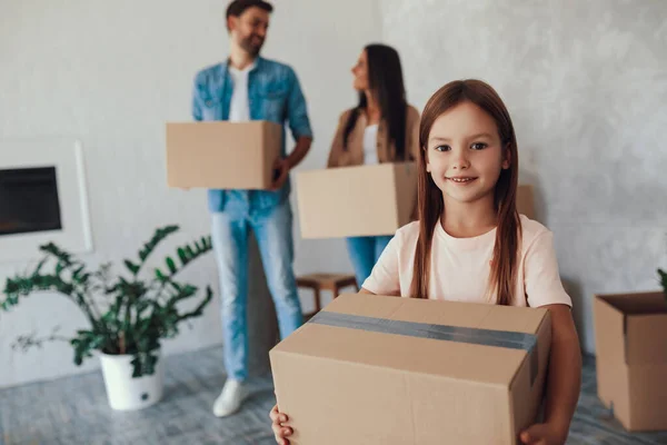 Selective Focus Photo Lovely Little Girl Holding Cardboard Box While — Stock Photo, Image