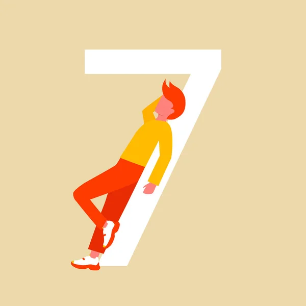 Numéro sept. Un homme se repose sous un grand nombre. Un personnage de dessin animé plat avec des chiffres. Illustration vectorielle. Eps 10. — Image vectorielle