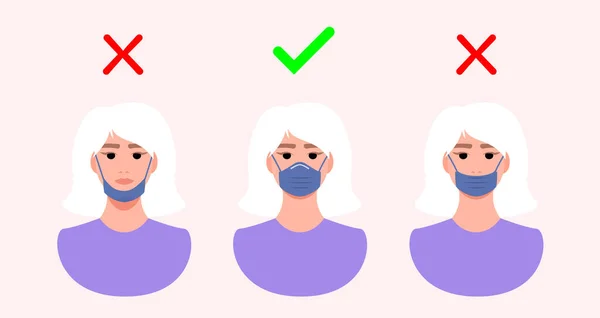 Tıbbi maske takmak için yanlış ve doğru bir yol. Kadın nasıl koruyucu maske takılacağını doğru şekilde gösteriyor. Koronavirüsten koruma. Viral hastalıkların önlenmesi. Vektör.