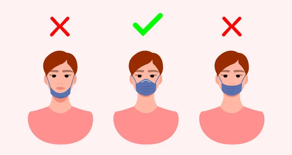 Tıbbi maske takmak için yanlış ve doğru bir yol. Adam nasıl koruyucu maske takılacağını doğru şekilde gösteriyor. Koronavirüsten koruma. Viral hastalıkların önlenmesi. Vektör.
