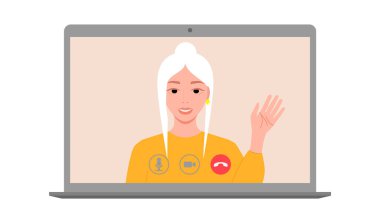 Görüntülü arama arayüzü kullanan gülümseyen kadın. Evden çalışıyor, uzaktan kumandalı online toplantı. Karantina ve sosyal uzaklık. Vektör illüstrasyonu.