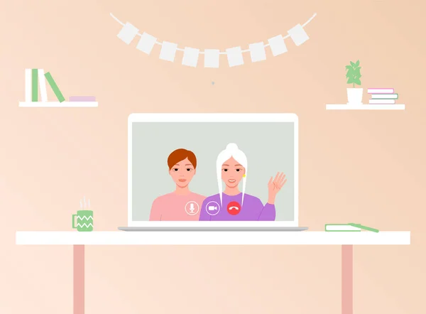 Arkadaşlarla görüntülü görüşme. Meslektaşlarımla sanal görüşme. Laptop ekranından kız ve erkekle çevrimiçi konferans. Uzak çevrimiçi toplantı. Karantina ve sosyal uzaklık. Vektör