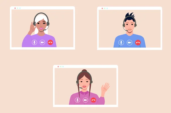 Grup görüntülü konuşma. Meslektaşlarımla sanal görüşme. Uzak çevrimiçi toplantı. Karantina ve sosyal uzaklık. Vektör