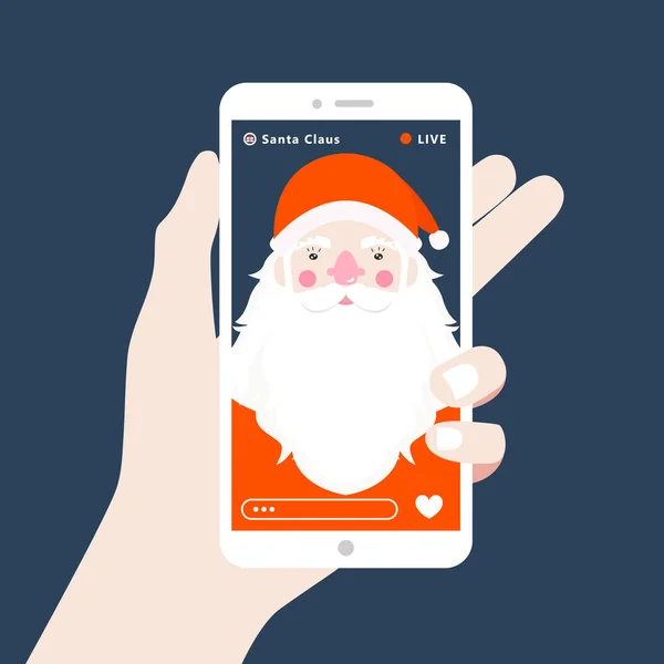 Der Weihnachtsmann sendet live. Weihnachten im Live-Stream vom Telefon. In der Hand ein Smartphone. Live-Übertragung. Vektorillustration — Stockvektor