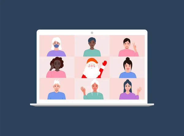 İnsanlar Noel Baba ile çevrimiçi bir video konferansı düzenliyor. Grup görüntülü konuşma. Sanal toplantı. Noel ya da Mutlu Yıllar canlı yayında. Uzak çevrimiçi toplantı. Yeni gerçeklik.