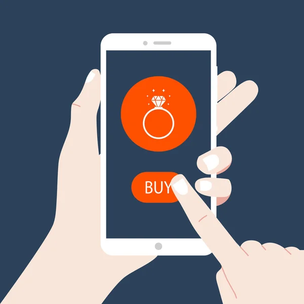 Mobil alışveriş konsepti. Telefonu tutan ve online mağazadan alışveriş yapan. Alyans, nişan ya da hediye için yüzük alıyor. İnternetten alışveriş için düz vektör çizimi. Eps 10.