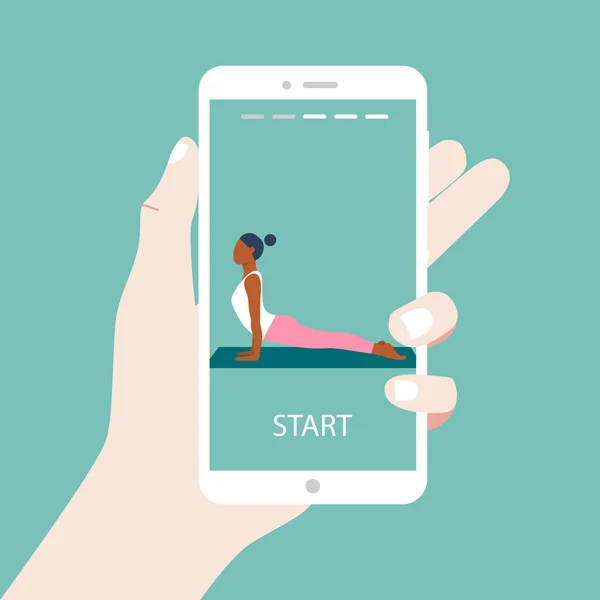 Ein mobiler Online-Yoga-Kurs. Glückliches schwarzes Mädchen, das urdhva mukha svana oder Hund macht. Afroamerikanerin bei einer Triangel-Pose aus Yoga. Praxis von Yoga-Übungen zu Hause. Geschichten Mobile Schnittstelle. — Stockvektor