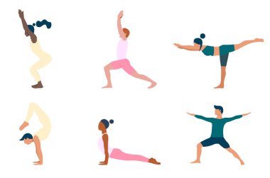 Yoga yapan gençlerin toplanması. Çeşitli yoga pozisyonlarını gösteren düz çizgi film karakterleri. Sağlıklı bir yaşam tarzı. Eps 10.