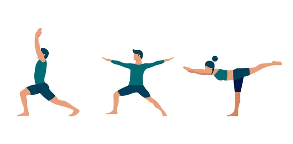 Coleção de jovens realizando ioga asana Virabhadrasana. Conjunto de personagens de desenhos animados planos demonstrando várias posições de ioga. Estilo de vida saudável. Eps 10. — Vetor de Stock