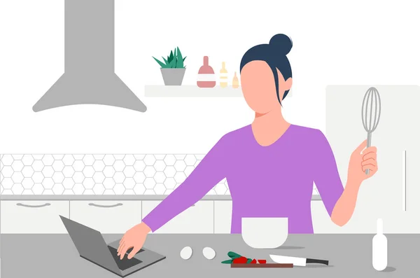 Μια νεαρή γυναίκα κοιτάζει στο laptop και το μαγείρεμα από online βίντεο φροντιστήριο στην κουζίνα της. Διαδικτυακή σχολή μαγειρικής. Online μαθήματα, e-learning. Eps 10. — Διανυσματικό Αρχείο