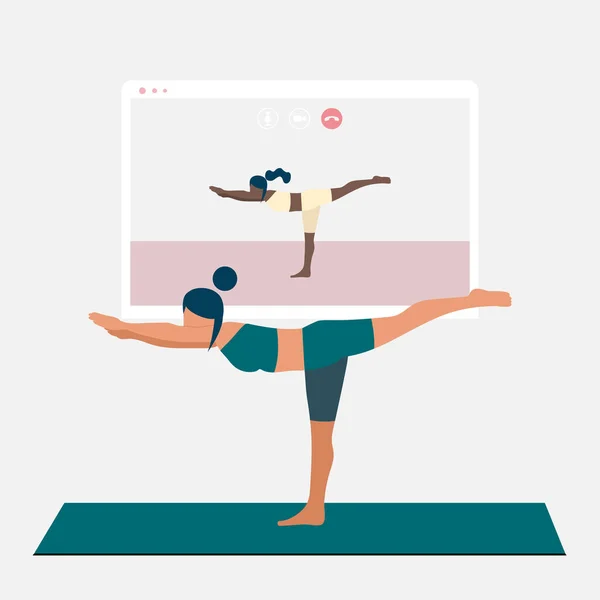 En ung kvinna som står i krigaren poserar och tittar på online yoga praxis på TV eller projektor. Stanna hemma konceptet. Hemaktivitet under karantänen. Onlinekurser, utbildning. Eps 10. — Stock vektor