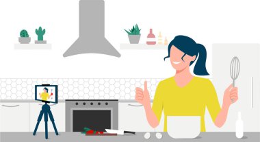 Yemek blogcusu canlı yayında. Güzel bir kadın telefonuna internetten yemek pişirme videosu kaydediyor. Abonelerle telefon kamerasıyla iletişim kuran bir kadın. Eps 10.