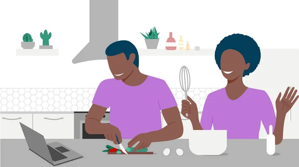 Happy black couple looks on laptop and cooking by online video tutorial in their kitchen. Online culinary school. Online courses, e-learning. Eps 10. — Stock Vector