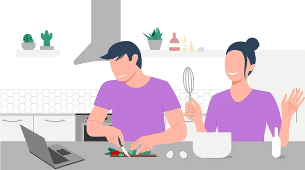 Happy couple looks on laptop and cooking by online video tutorial in their kitchen. Online culinary school. Online courses, e-learning. Eps 10. — Stock Vector