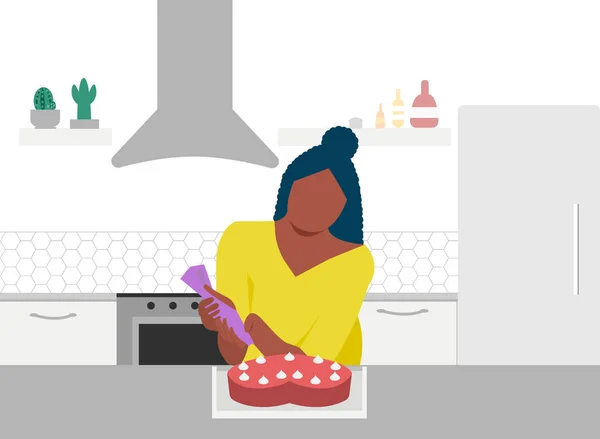 Beautiful black woman cooking sweet cake on kitchen table in kitchen. Girl cooking pie. Baking workshop. Freelance chef, pastry chef. Work from home. Stay at home on quarantine during the Coronavirus. — Stock Vector