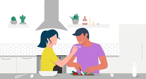 Ένα ζευγάρι ερωτευμένων μαγειρεύει στην κουζίνα τους. Το κορίτσι τον ταΐζει με κουτάλι. Μαγειρική. Μείνετε στο σπίτι σε καραντίνα κατά τη διάρκεια του Coronavirus. Eps 10. — Διανυσματικό Αρχείο