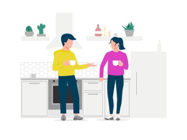 Çift mutfakta konuşuyorlar. - Ne? Gençler içer, sohbet eder ve dostça sohbet ederler. Vektör illüstrasyonu.