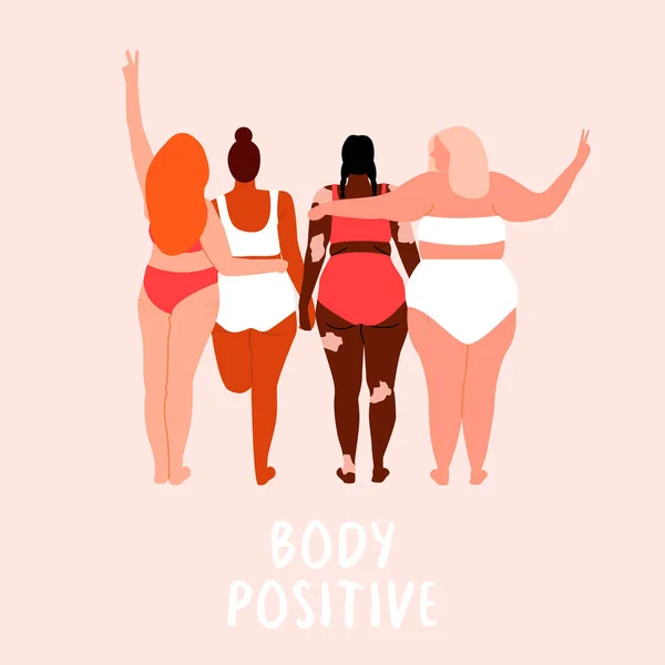 Positividad corporal. Me encanta tu cuerpo. Diferentes personajes de color de piel y tamaño corporal de mujer vestidos con lencería. Ilustración de vector plano para postal, tarjeta, banner, póster, aplicación — Archivo Imágenes Vectoriales