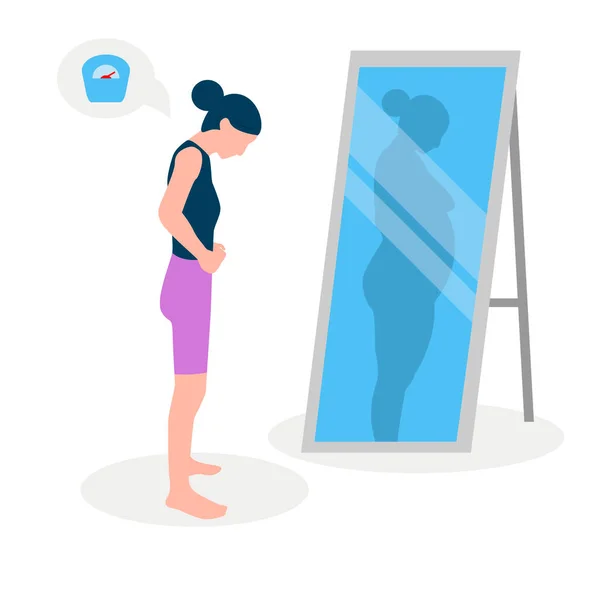 Плоска векторна ілюстрація худої дівчини з низькою самооцінкою, що стоїть перед дзеркалом. Дівчина дивиться на її спотворене відображення . — стоковий вектор