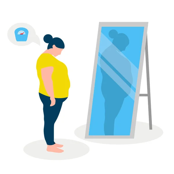Illustration vectorielle plate d'une grosse fille avec une faible estime de soi debout devant un miroir. La fille regarde dans son reflet déformé. — Image vectorielle