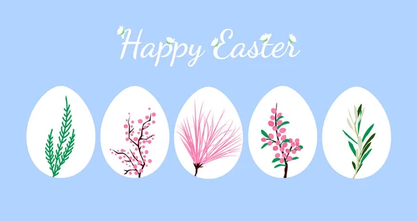 Mutlu Paskalyalar. Bahar çiçekli Paskalya yumurtası koleksiyonu, böğürtlen süsü. Şablon, tebrik kartı, pankart ve diğer kullanımlar için izole edilmiş arkaplanda vektör illüstrasyonu. Eps 10