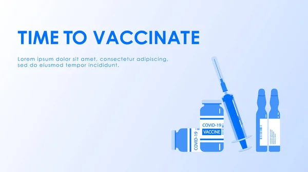 Aşı zamanı. İğneli tıbbi şırıngayla yapılan vektör illüstrasyonu şişeden koronavirüs aşısı çeker. Poster, afiş, broşür vs. için tıbbi aşı şablonu. Eps 10.