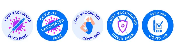 Beş farklı aşı pulu ya da çıkartma koleksiyonu. Aşı oldum. Kız aşıdan kalan bandajı gösteriyor. Kalkan ve aşı şişesi koronavirüse karşı korur. Eps